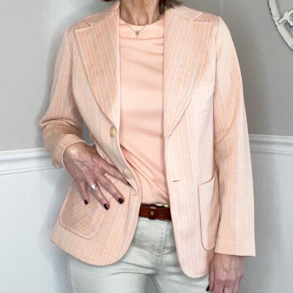 Vintage 70s Women’s Blazer Matching Sleeveless Blouse Set 2 Piece Plaid Peach - Picture 10 of 12